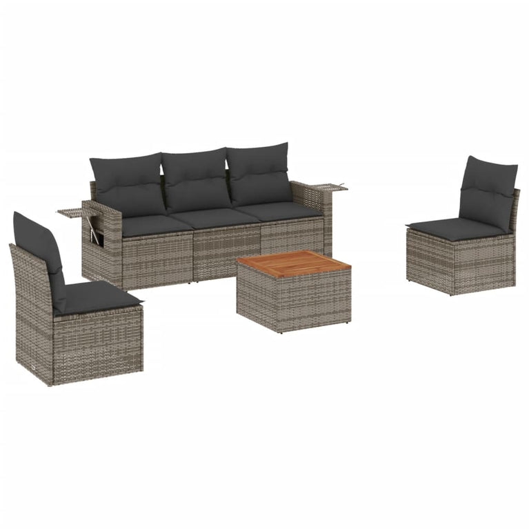 6-delige Loungeset met kussens poly rattan grijs