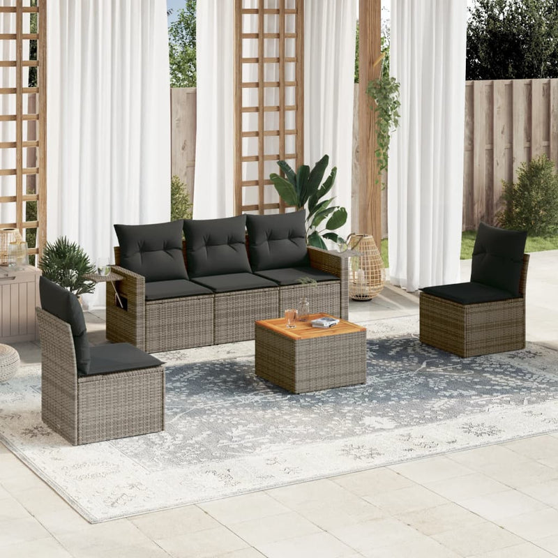6-delige Loungeset met kussens poly rattan grijs