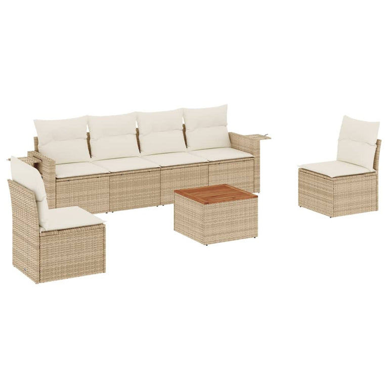 7-delige Loungeset met kussens poly rattan beige
