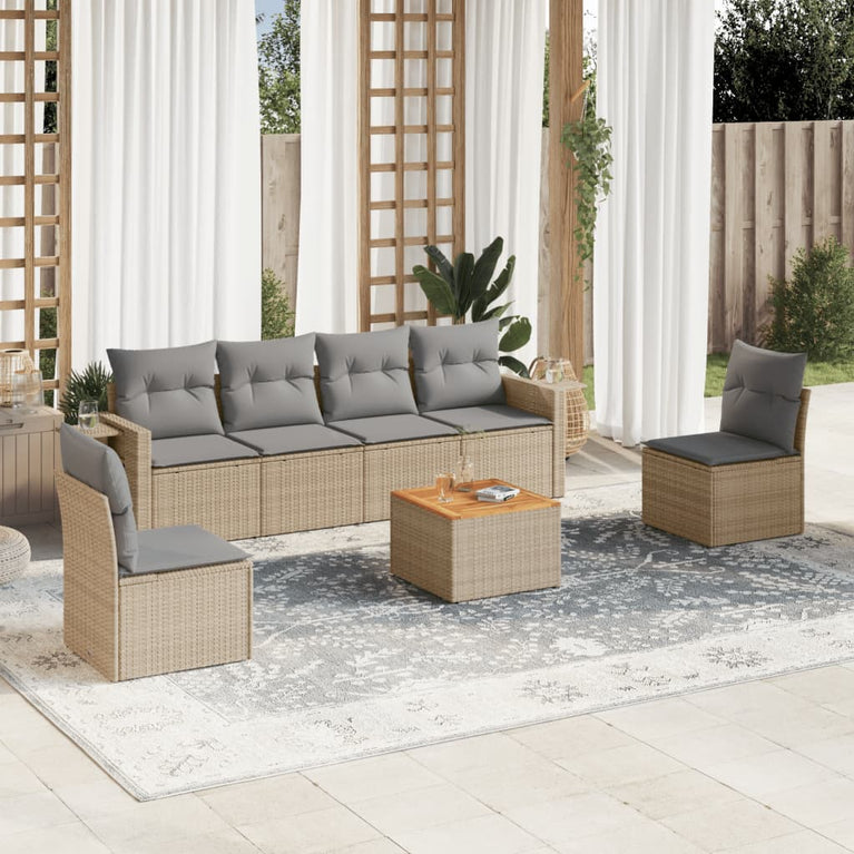 7-delige Loungeset met kussens poly rattan beige