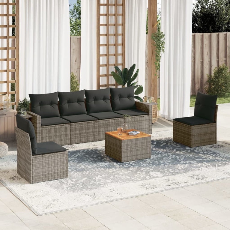 7-delige Loungeset met kussens poly rattan grijs