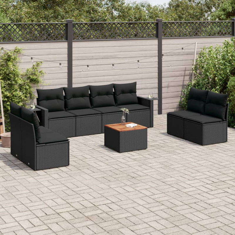 9-delige Loungeset met kussens poly rattan zwart