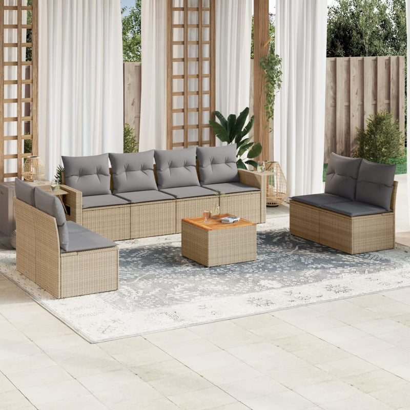 9-delige Loungeset met kussens poly rattan beige