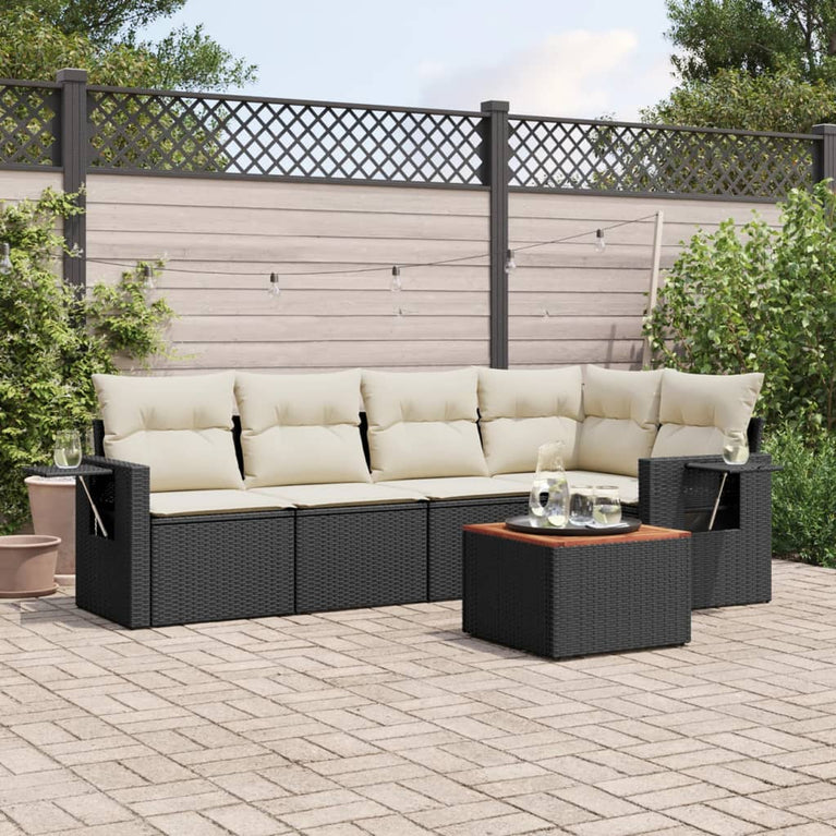 6-delige Loungeset met kussens poly rattan zwart