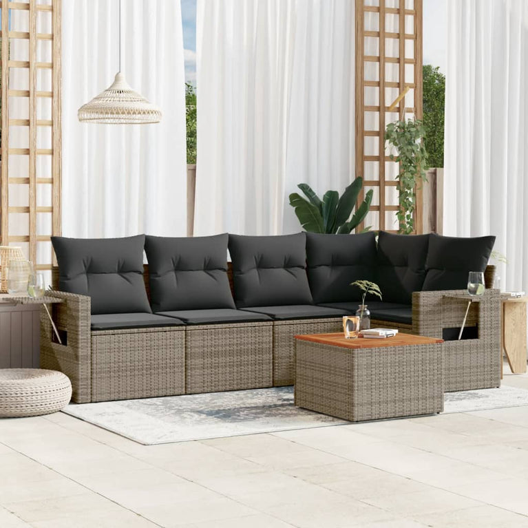 6-delige Loungeset met kussens poly rattan grijs