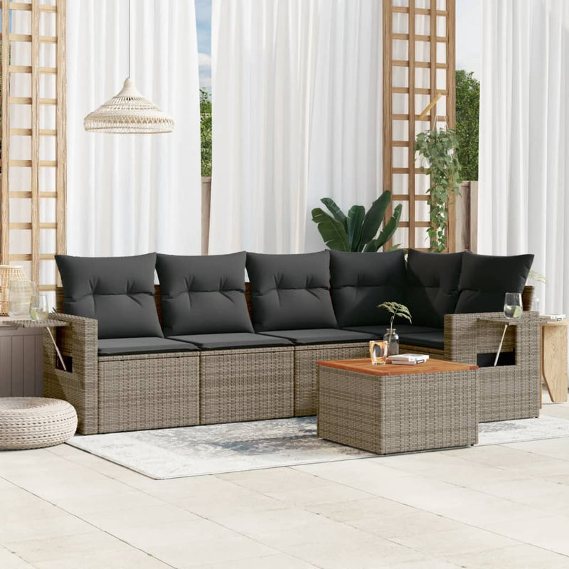 6-delige Loungeset met kussens poly rattan grijs