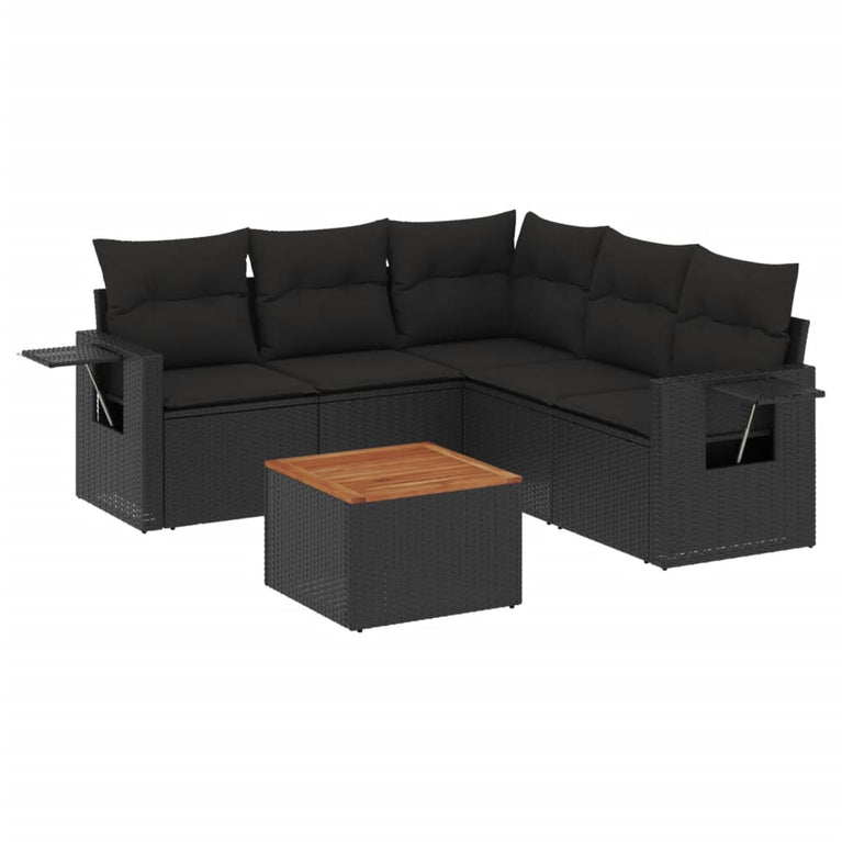 6-delige Loungeset met kussens poly rattan zwart
