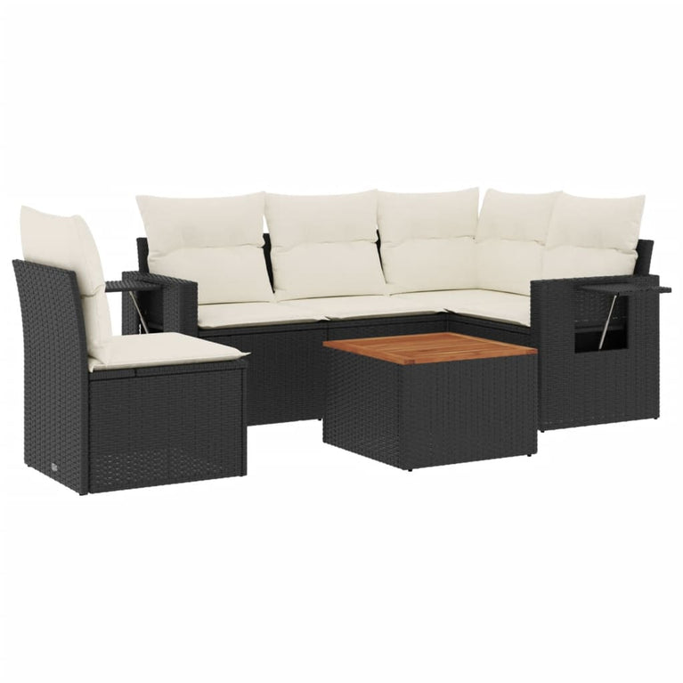 6-delige Loungeset met kussens poly rattan zwart