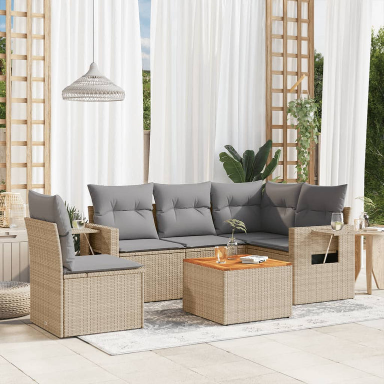 6-delige Loungeset met kussens poly rattan beige