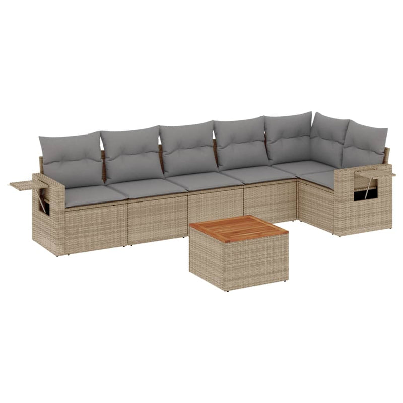 7-delige Loungeset met kussens poly rattan beige