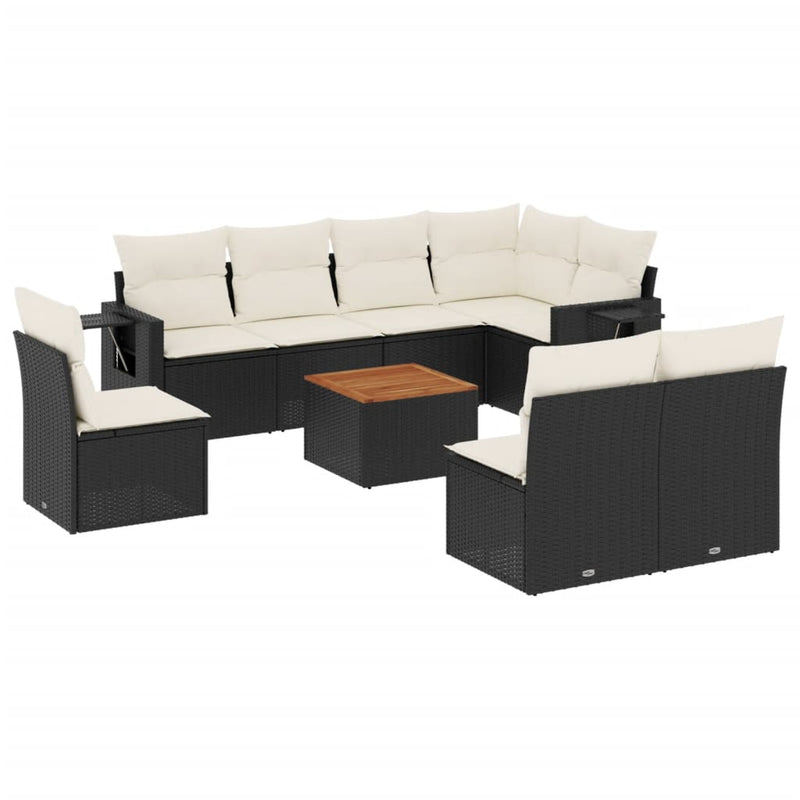9-delige Loungeset met kussens poly rattan zwart