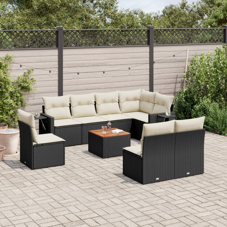 9-delige Loungeset met kussens poly rattan zwart