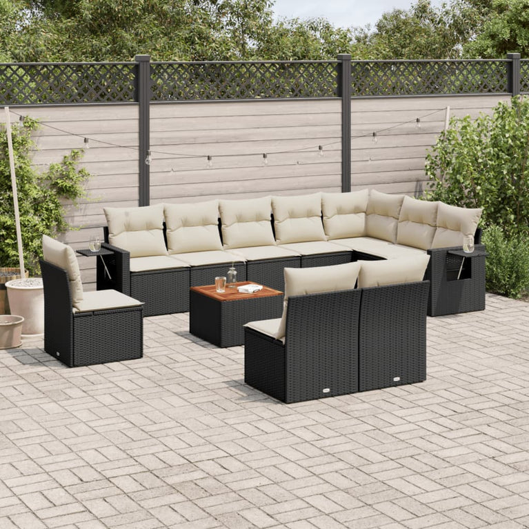 11-delige Loungeset met kussens poly rattan zwart