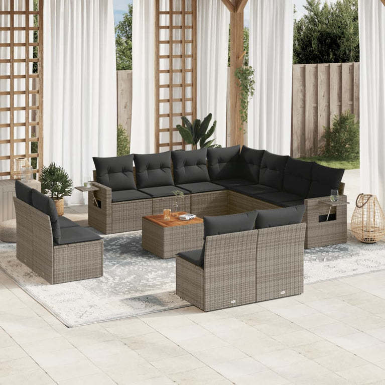12-delige Loungeset met kussens poly rattan grijs