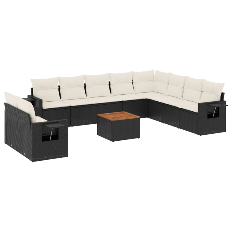 11-delige Loungeset met kussens poly rattan zwart
