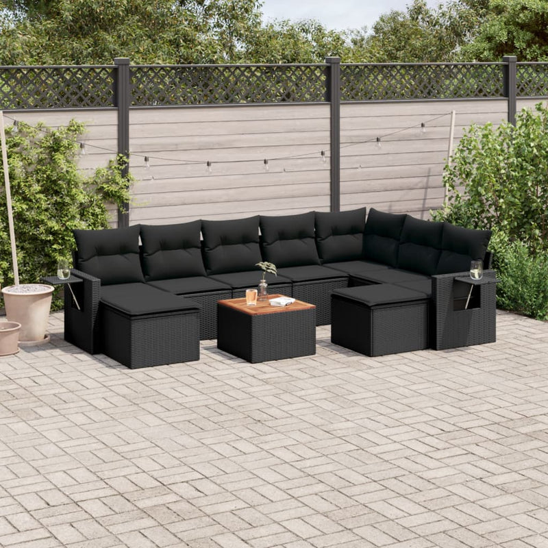10-delige Loungeset met kussens poly rattan zwart