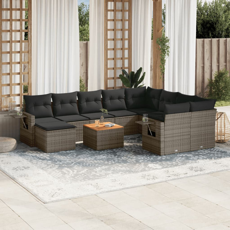 11-delige Loungeset met kussens poly rattan grijs
