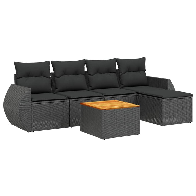 6-delige Loungeset met kussens poly rattan zwart