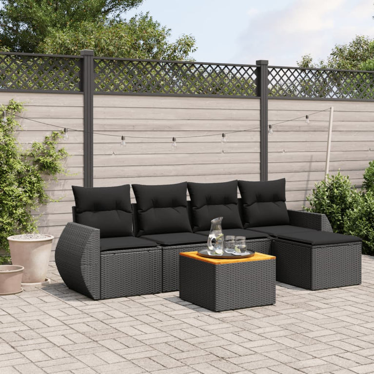 6-delige Loungeset met kussens poly rattan zwart