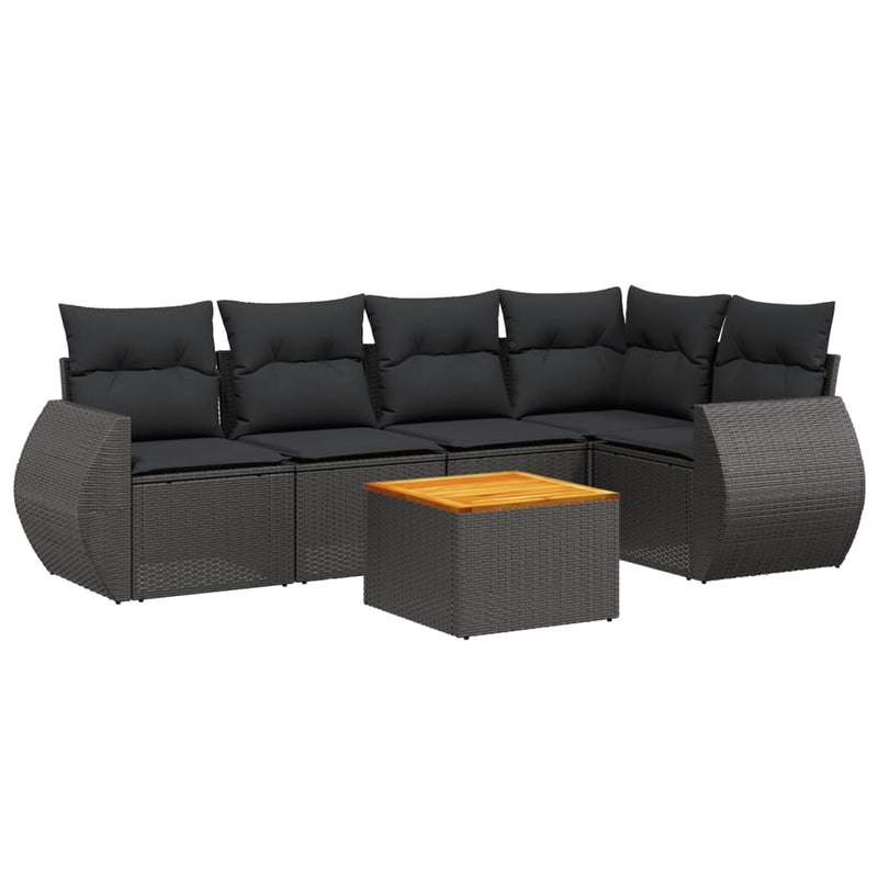 6-delige Loungeset met kussens poly rattan zwart