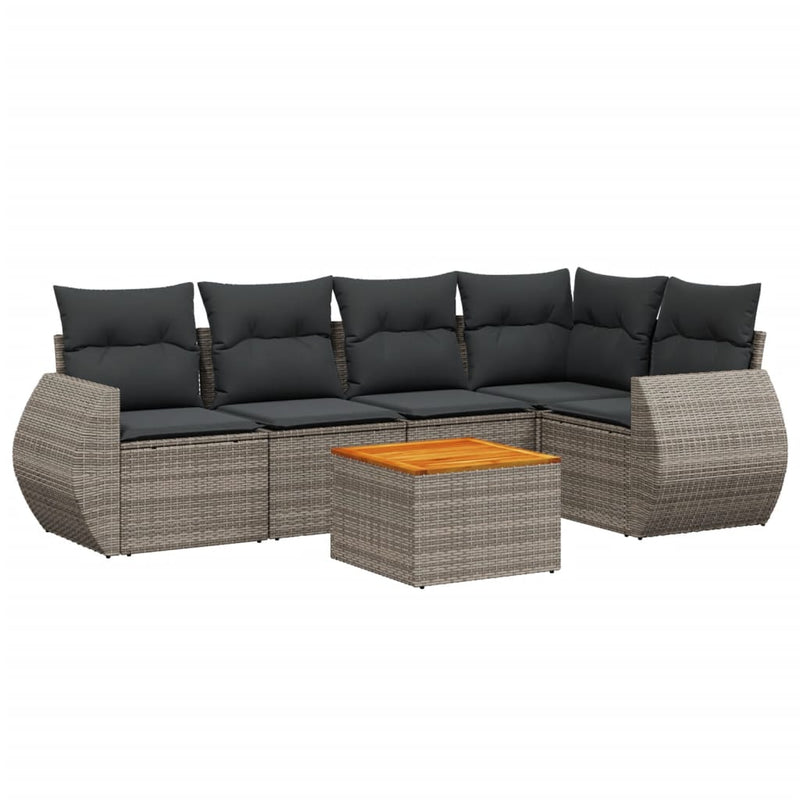 6-delige Loungeset met kussens poly rattan grijs