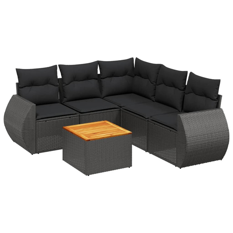 6-delige Loungeset met kussens poly rattan zwart