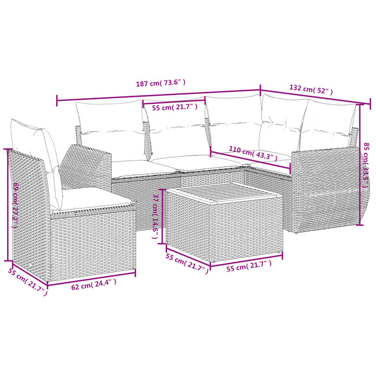 6-delige Loungeset met kussens poly rattan beige