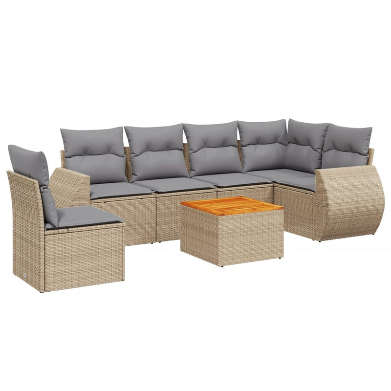 7-delige Loungeset met kussens poly rattan beige