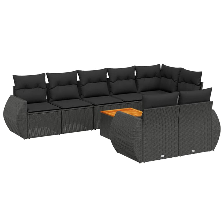 9-delige Loungeset met kussens poly rattan zwart