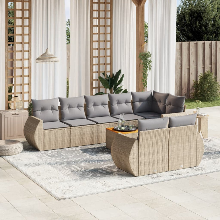 9-delige Loungeset met kussens poly rattan beige