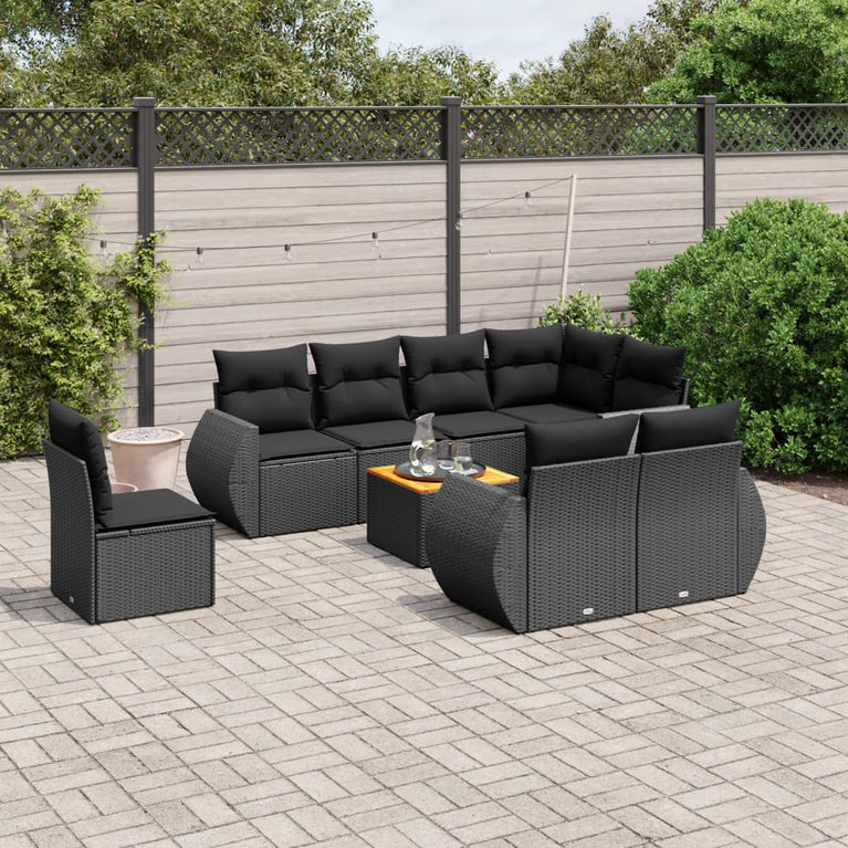 9-delige Loungeset met kussens poly rattan zwart