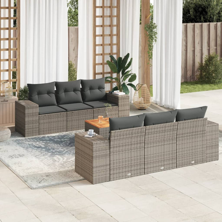 7-delige Loungeset met kussens poly rattan grijs