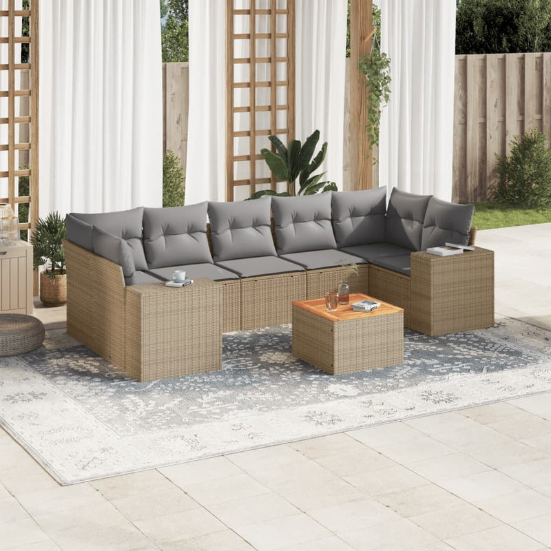 8-delige Loungeset met kussens poly rattan beige