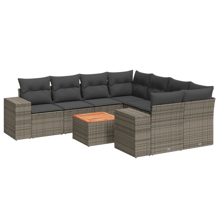 9-delige Loungeset met kussens poly rattan grijs