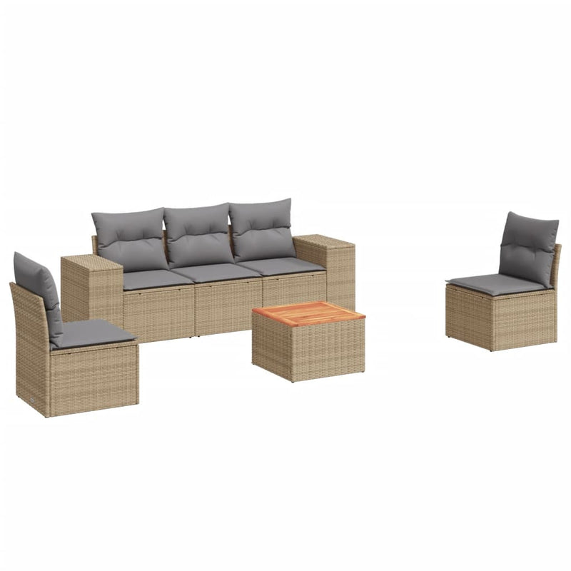 6-delige Loungeset met kussens poly rattan beige