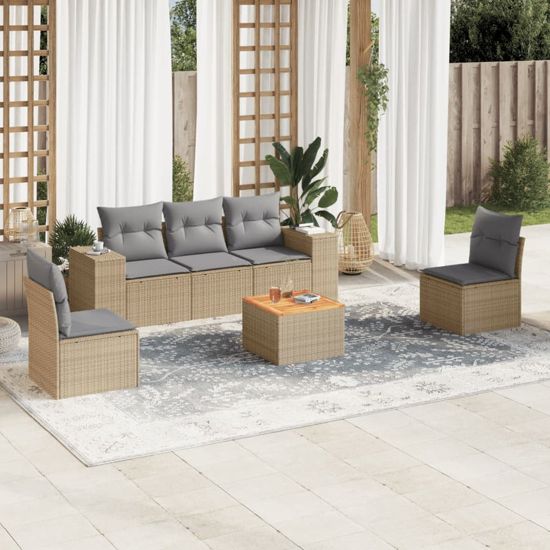 6-delige Loungeset met kussens poly rattan beige