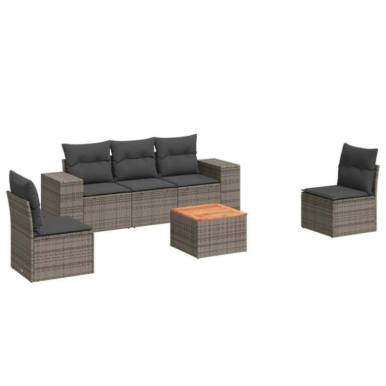 6-delige Loungeset met kussens poly rattan grijs
