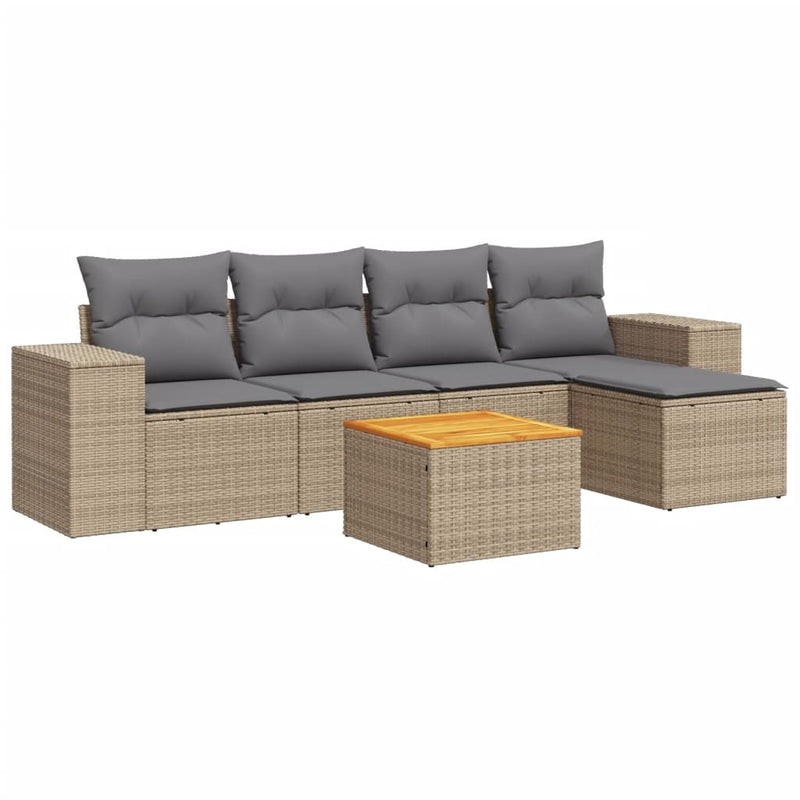 6-delige Loungeset met kussens poly rattan beige