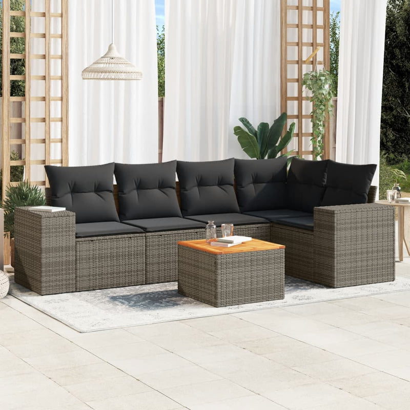 6-delige Loungeset met kussens poly rattan grijs