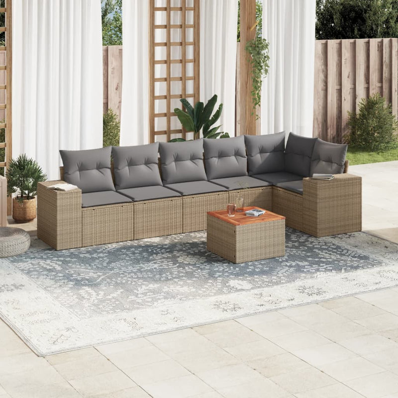 7-delige Loungeset met kussens poly rattan beige