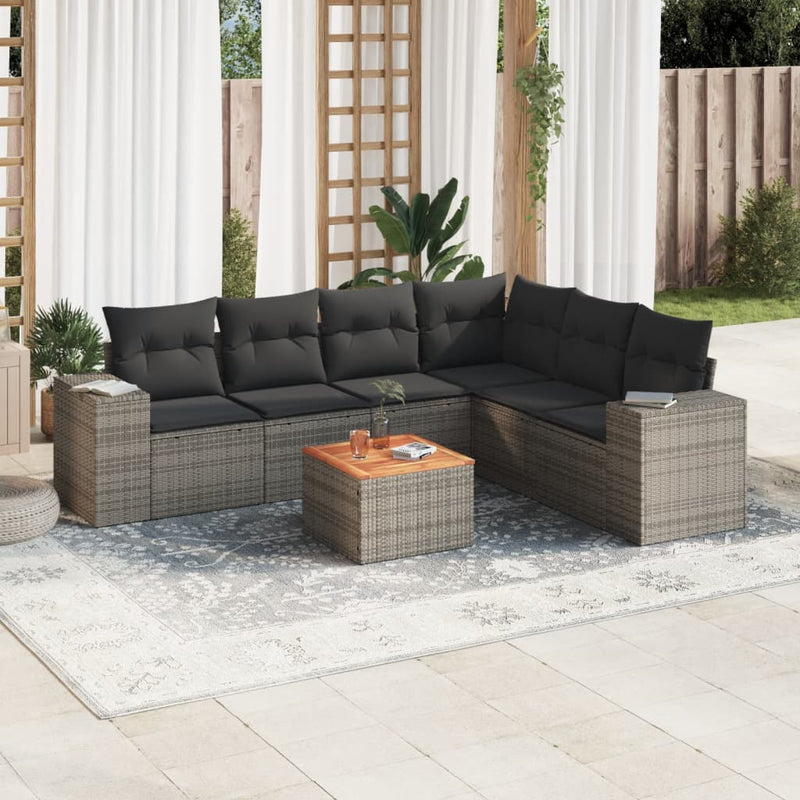 7-delige Loungeset met kussens poly rattan grijs