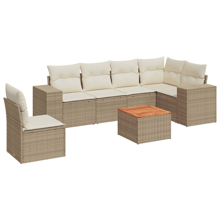7-delige Loungeset met kussens poly rattan beige