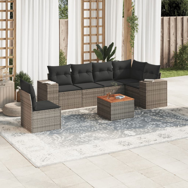 7-delige Loungeset met kussens poly rattan grijs