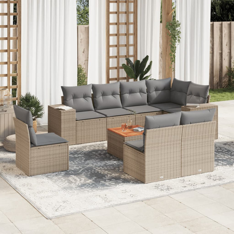9-delige Loungeset met kussens poly rattan beige