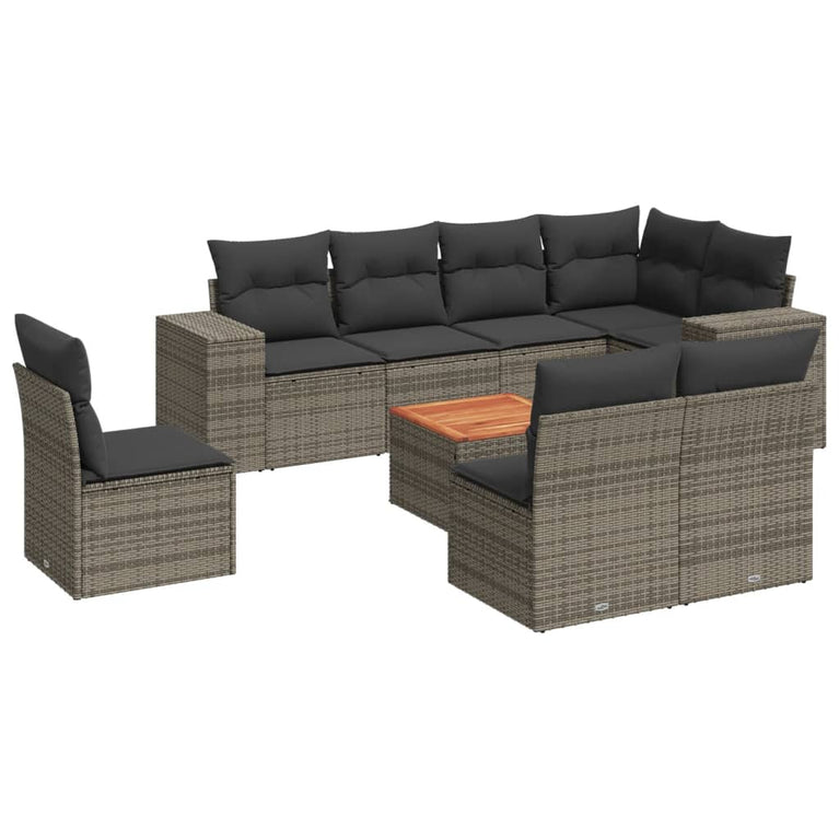 9-delige Loungeset met kussens poly rattan grijs