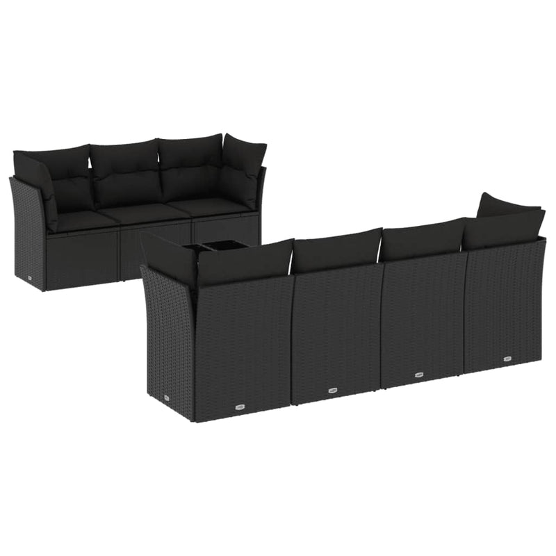 8-delige Loungeset met kussens poly rattan zwart