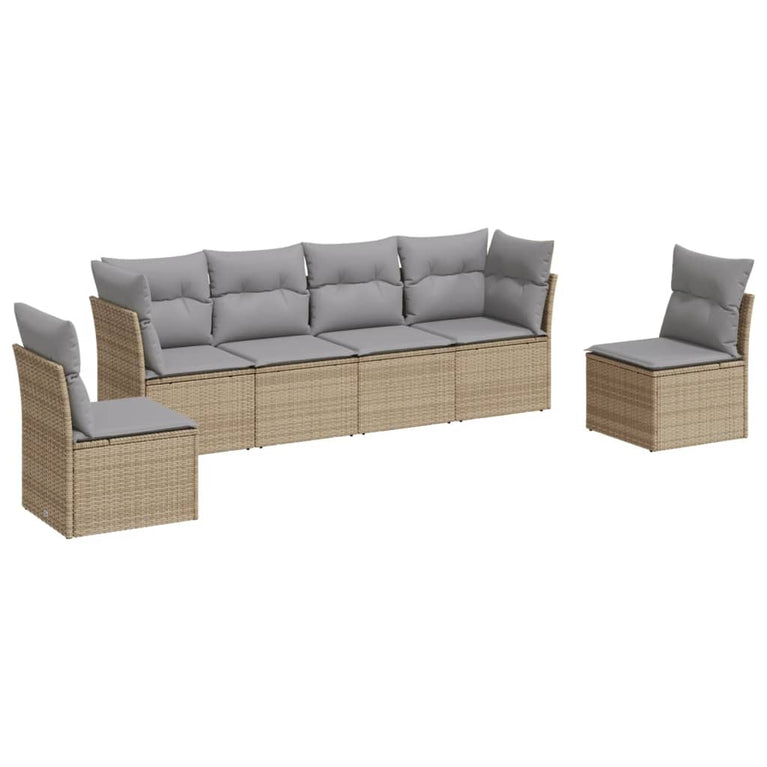 6-delige Loungeset met kussens poly rattan beige