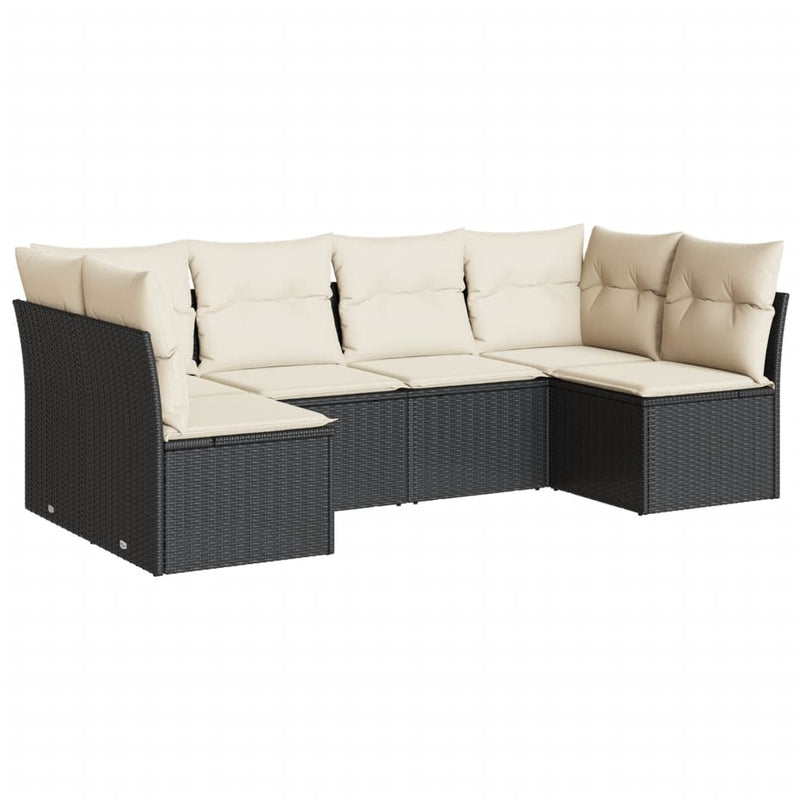 6-delige Loungeset met kussens poly rattan zwart