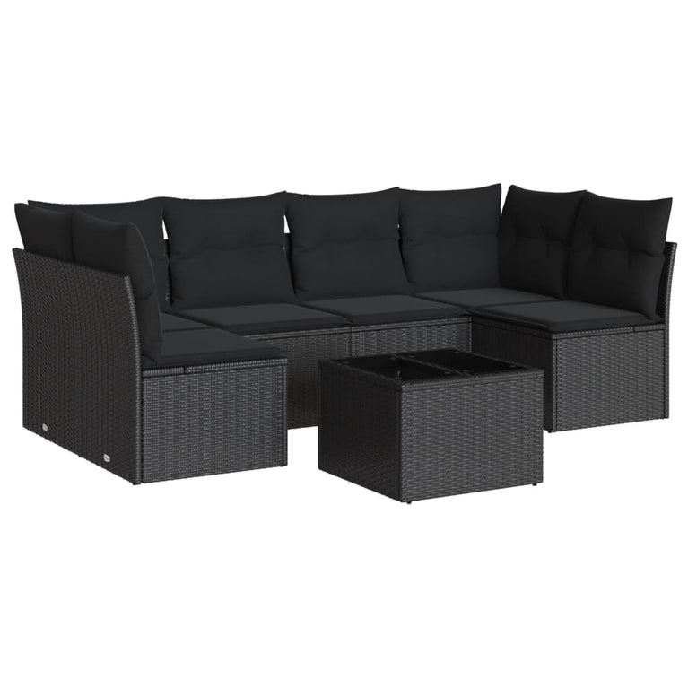 7-delige Loungeset met kussens poly rattan zwart