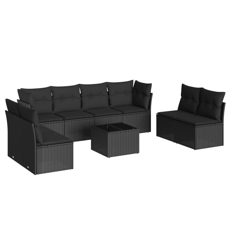 9-delige Loungeset met kussens poly rattan zwart